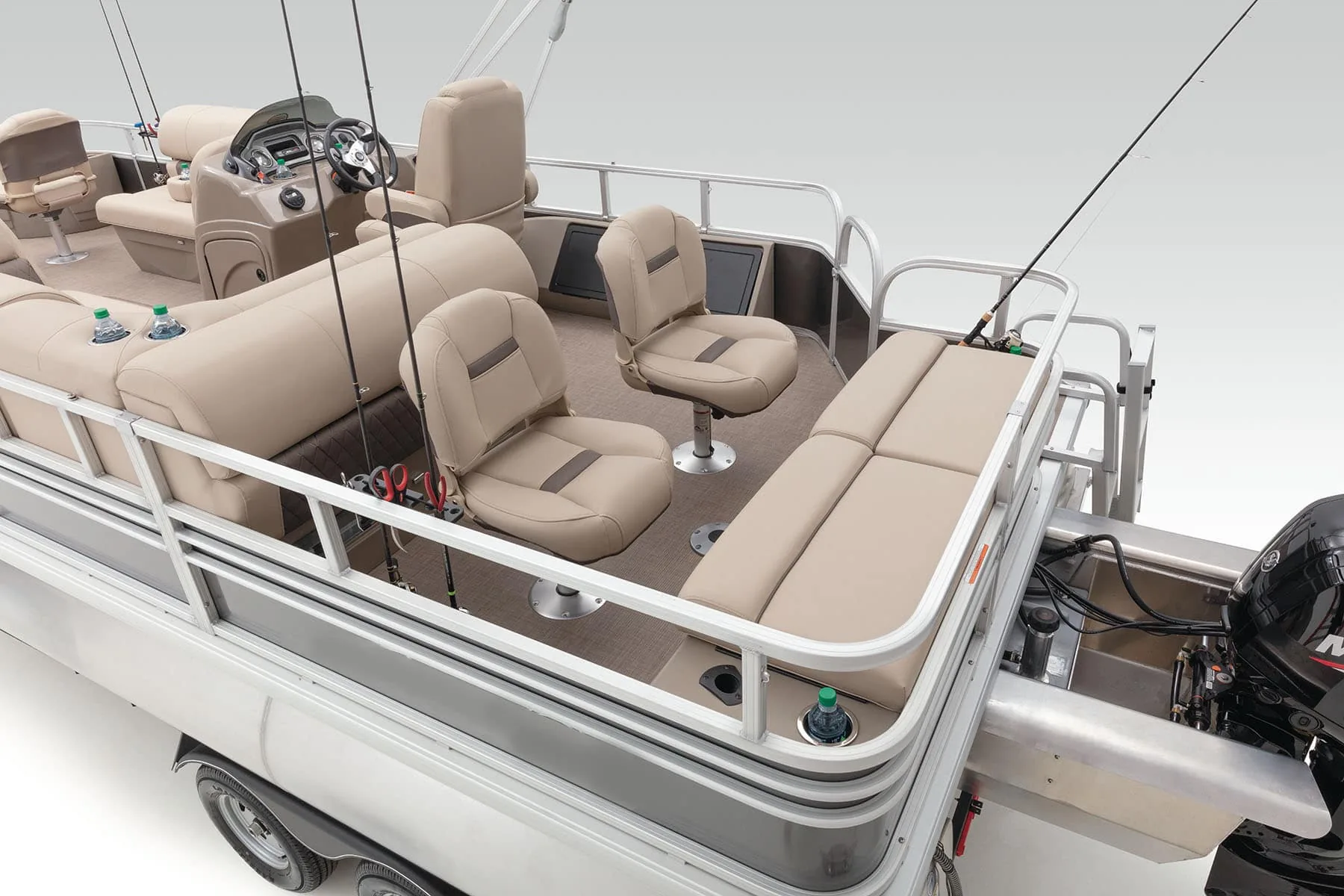Pontoon stern with swivel fishing seats, bench seating and rod holders