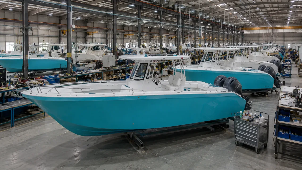 Turquoise and white fishing boats with outboard motors lined up inside a factory